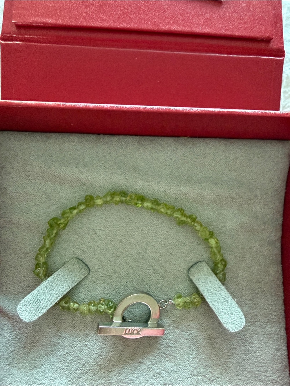 Green Peridot Bead Bracelet with Silver 'Luck' Toggle Charm